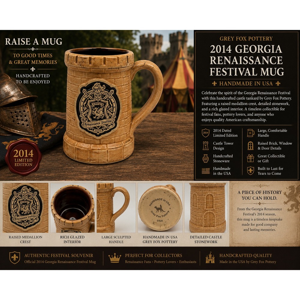 2014 Georgia Renaissance Festival Grey Fox Pottery Castle Tankard Mug Handmade